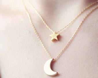 Wish Upon Two Layered Chain Gold Moon Star Women Necklace