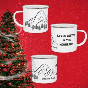 Personalized Mountain Mug - Custom Camping Mug for Couples - Unique Gift for Him or Her - Gift for Adventurers - Engagement Gift, Enamel Mug