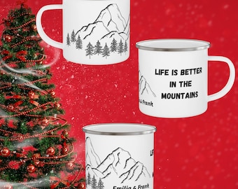 Personalisierte Berg Emaille Tasse: Individuelles Camping Geschenk für Paare