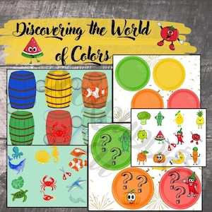 Conjunto de aprendizagem de cores: jogos de combinação e classificação, cartões educativos e materiais Montessori