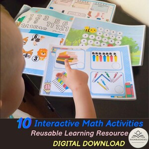 May include: A child's hand points to a colorful math activity sheet. The sheet features numbers, illustrations, and the text "10 Interactive Math Activities Reusable Learning Resource DIGITAL DOWNLOAD". Other sheets show counting and matching exercises.