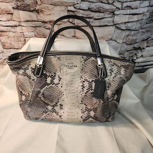 May include: A Coach handbag with a snakeskin pattern in shades of brown, gray, and cream. The bag has black handles and silver-tone hardware. A black leather tag hangs from the handle. The Coach logo is visible on the front.