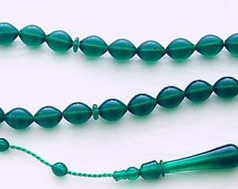 Prayer Beads Tesbih Green Turkish Amber Catalin - SUFI CARVING - COLLECTOR'S