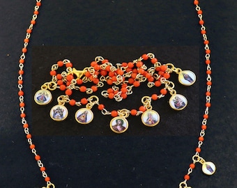 Genuine Coral & Vermeil Rosary Necklace w 7 Vintage Hand Painted Miniature Enameled Medals of Extreme Rarity