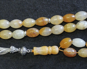 Luxury Prayer Beads Tesbih Large Oval Agate with Amber Color & Sterling - Very Unusual