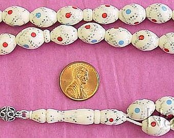 Vintage Prayer Beads Tesbih Gebetskette Silver Studded, Turquoise & Coral Inlaid Bone w sterling Tassel