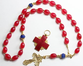 5 Way Wearable Beaded Chotki Komboskini ORTHODOX Rosary w Rubillite, Sapphires & 2 Crosses