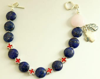 Catholic  Rosary Bracelet  : Lapis , Rose Quartz, Sterling Silver and Enamel