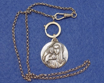 Large, Exceptional 3D High Relief Mary & Jesus Sterling Medal + Chain and Clasps XXR