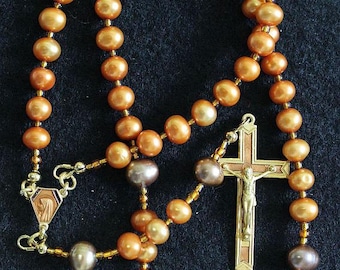 Catholic Rosay Prayer Beads Golden Copper Fresh Water Pearls