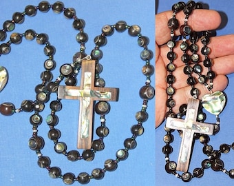 Catholic Rosary of  Ebony and Paua - Abalone - Shell - Hand Made Beads From Philippines - Unique