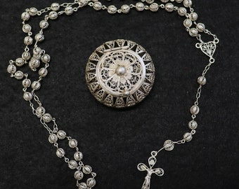 Vintage Sterling Silver Filigree Catholic Rosary and Round Box Set - Rare
