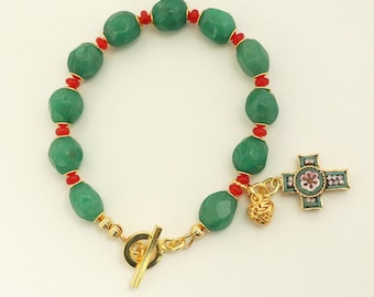 Catholic Rosary Bracelet Faceted Genuine Emerald and Ruby, Vermeil, Micromosaic Vintage Cross