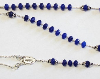 Wearable Catholic Rosary Faceted Genuine Sapphire and Sterling Silver