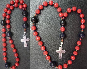 MINI Anglican Episcopal Rosary Prayer Beads Coral, Goldstone and Sterling Silver