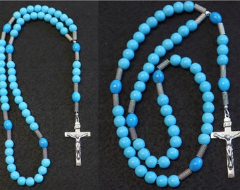 Chapelet catholique en perles, turquoise bleu et argent sterling