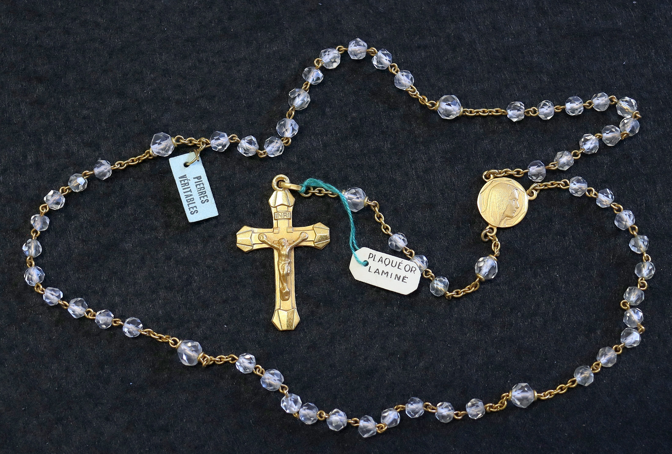 Catholic Vintage Rosary New Old Stock White Rock Crystal Gold Rolled