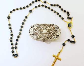 1930's Rare 18K. Solid Gold and Onyx Rosary w Mater Dolorosa Enamel Miniature in Sterling Filigree box - Very Rare