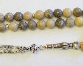 Prayer Beads Tesbih Gebetskette  Fossil Coral and Sterling Silver  -  Collector's item