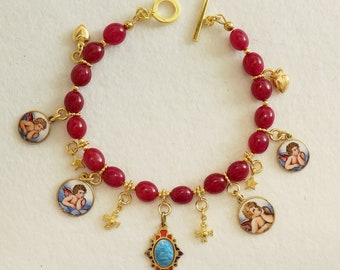 Ruby & Vermeil Bracelet, Vintage Enameled Raphael's Cherub angel Medals, Unique Religious Bracelet, Gold-plated Bracelet, Gift for her