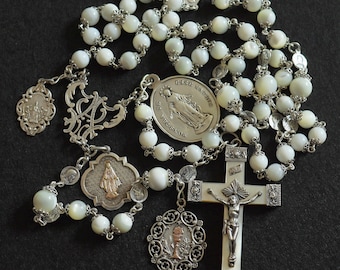 Vintage MOP & Sterling Highly Exceptional Catholic Rosary w Rare Antique Medals