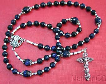 Catholic Rosary Gebetskette Deep Blue Goldstone & Sterling Silver