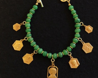 Emerald Charm Bracelet w 7 Vintage French Gold Rolled Religious Medals