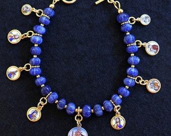 Sapphire & Vermeil Bracelet w 9 Vintage Enameled Painted Miniature Religious Medals