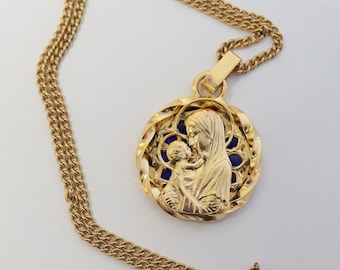 Plique-à-Jour Vintage Gold Plated V. Large Mary & Jesus Pendant w Chain by Augis