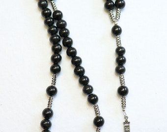 Catholic Rosary Prayer Beads all Black Genuine Jet Stones  & Sterling Silver