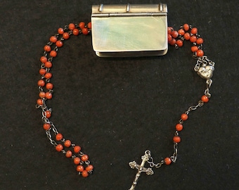 Antique Lourdes Coral and Sterling Catholic Rosary in Sterling Silver Mini Book shaped Box - Unique -