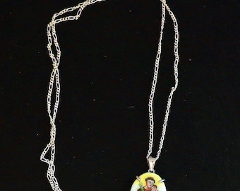 Hand Painted St. Anthony Enameled Vintage Medal w Sterling Silver Necklace