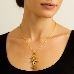 Vintage Huguenot Cross Stylized Pendant 1970&#39;s Gold Plated Signed by Artist w Chain - XX Rare