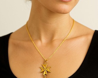 Vintage Huguenot Cross Stylized Pendant 1970's Gold Plated Signed by Artist w Chain - XX Rare
