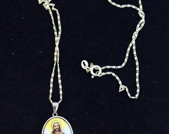 Hand Painted Sacred Heart of Jesus Enameled Vintage Medal w Sterling Silver Necklace