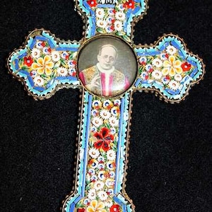 Vintage Papal micro mosaic cross - crucifix PIUS XI , 1925, Very Rare
