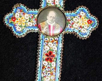 Vintage Papal micro mosaic cross - crucifix PIUS XI , 1925, Very Rare