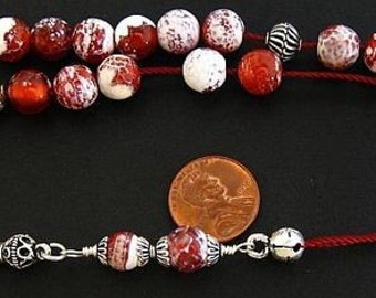 Greek Komboloi Fire Crackled Agate and Sterling Silver