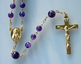 Catholic Chain Rosary Prayer Beads  Faceted Amethyst and Gold