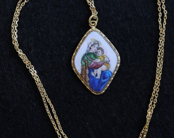 Vintage Medal Mary and Child Hand Painted Miniature in Gold plated Frame w chain- V.Rare