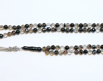 Islamic Prayer Beads Tesbih Faceted 99 Black Matrix Quartz and Sterling Silver