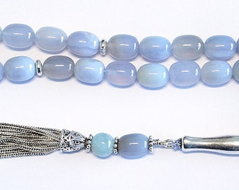 Luxury Prayer Beads Tesbih AA Grade Barrel Aquamarine & Sterling Silver -Top quality - Collector's item