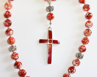 Beaded CHOTKI KOMBOSKINI : Mother-of-Pearl, Amber, Sterling and Coral - Russian and Greek Orthodox Rosary Beaded Tchotki Byzantine Rosary