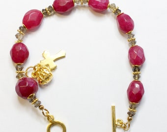 Anglican Rosary Bracelet Faceted Genuine Ruby Beads, Smoky Quartz, Vermeil Cross & Heart