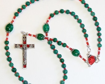 Catholic Rosary Genuine Round Clear Emeralds - Lourdes Vintage Cross and Center