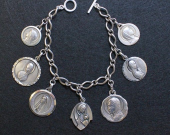 Vintage, Heavy, All Sterling Charm Bracelet w 7 Rare Large Pristine Virgin Mary Medals