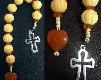 Catholic Open Chaplet Carved Bone Carnelian & Sterling Silver