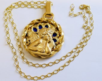 Vintage Gold Plated Plique-à-Jour V. Large Raphael Angel Putto Pendant Signed Augis w Vermeil Chain