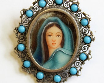 1910's Miniature of Madonna Mary in Sterling & Turquoise Frame, Dual Use Brooch and Pendant w Chain