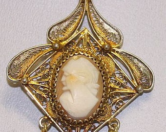 19 th Century Gilded Sterling Filigree Cameo Italian Pendant with Rubies